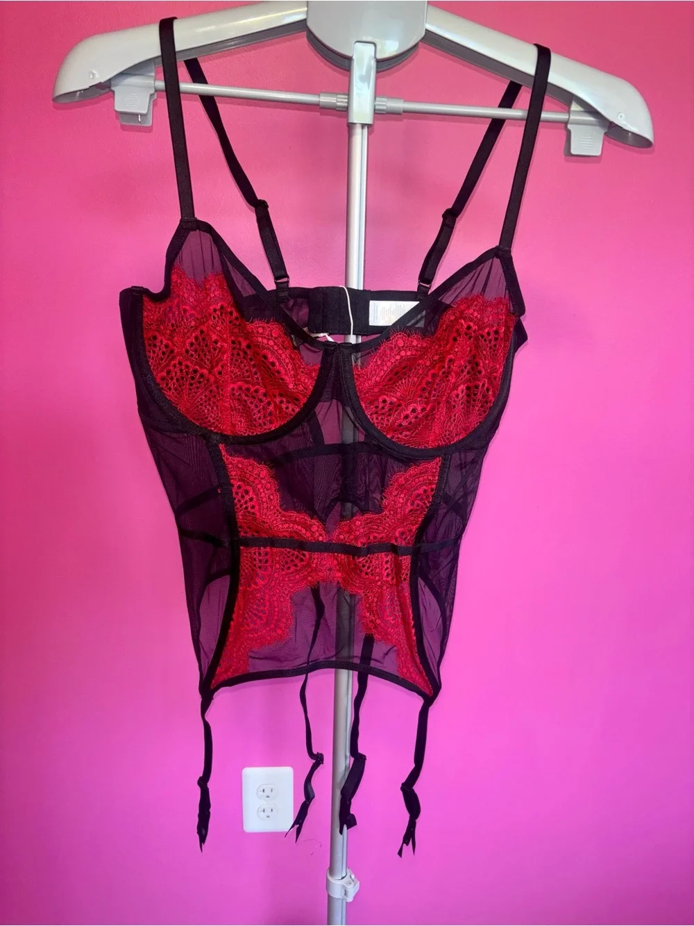 Adore Me Black & Red lace Charlie Bustier with matching panty NWT! Size 38D, XL - Picture 2 of 9